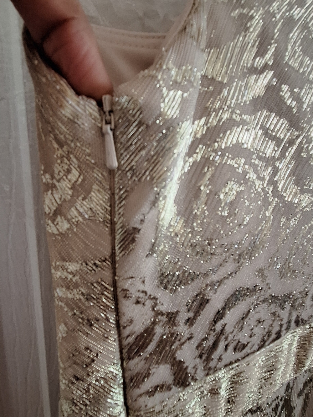 One-Shoulder Cream Brocade Evening Gown - Picture 7 of 10